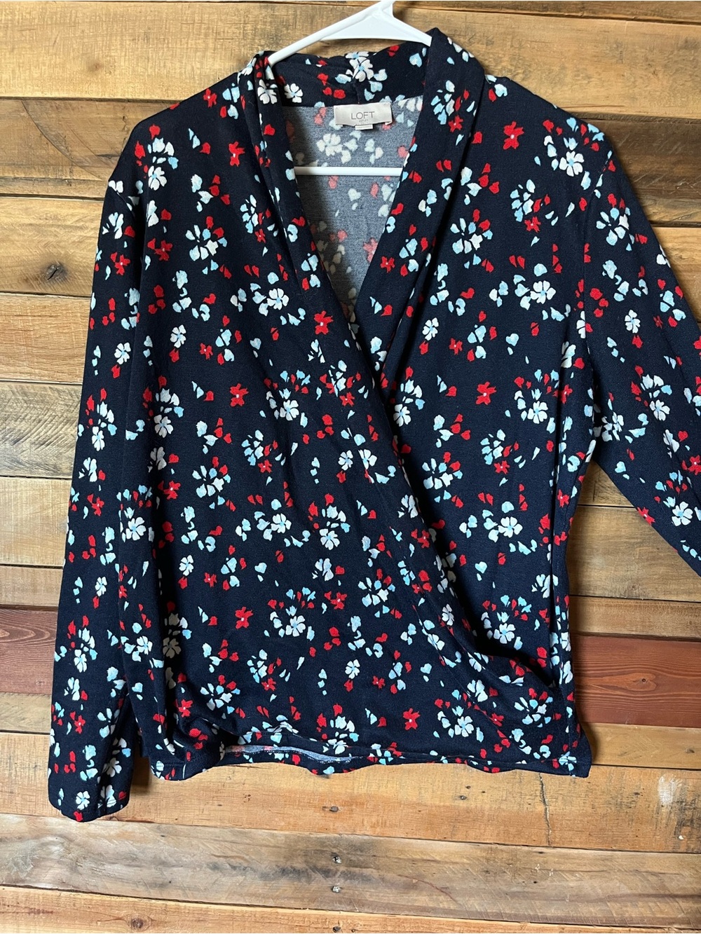 LOFT Navy Floral Faux-Wrap Blouse with Red and White Accent